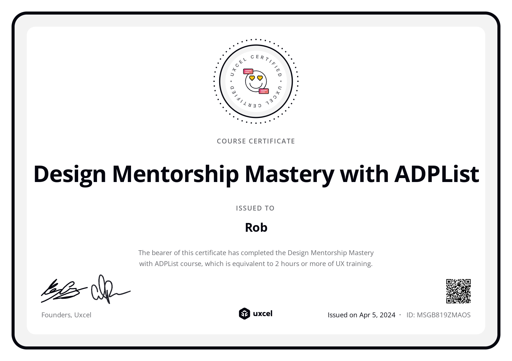 Rob B's certificate